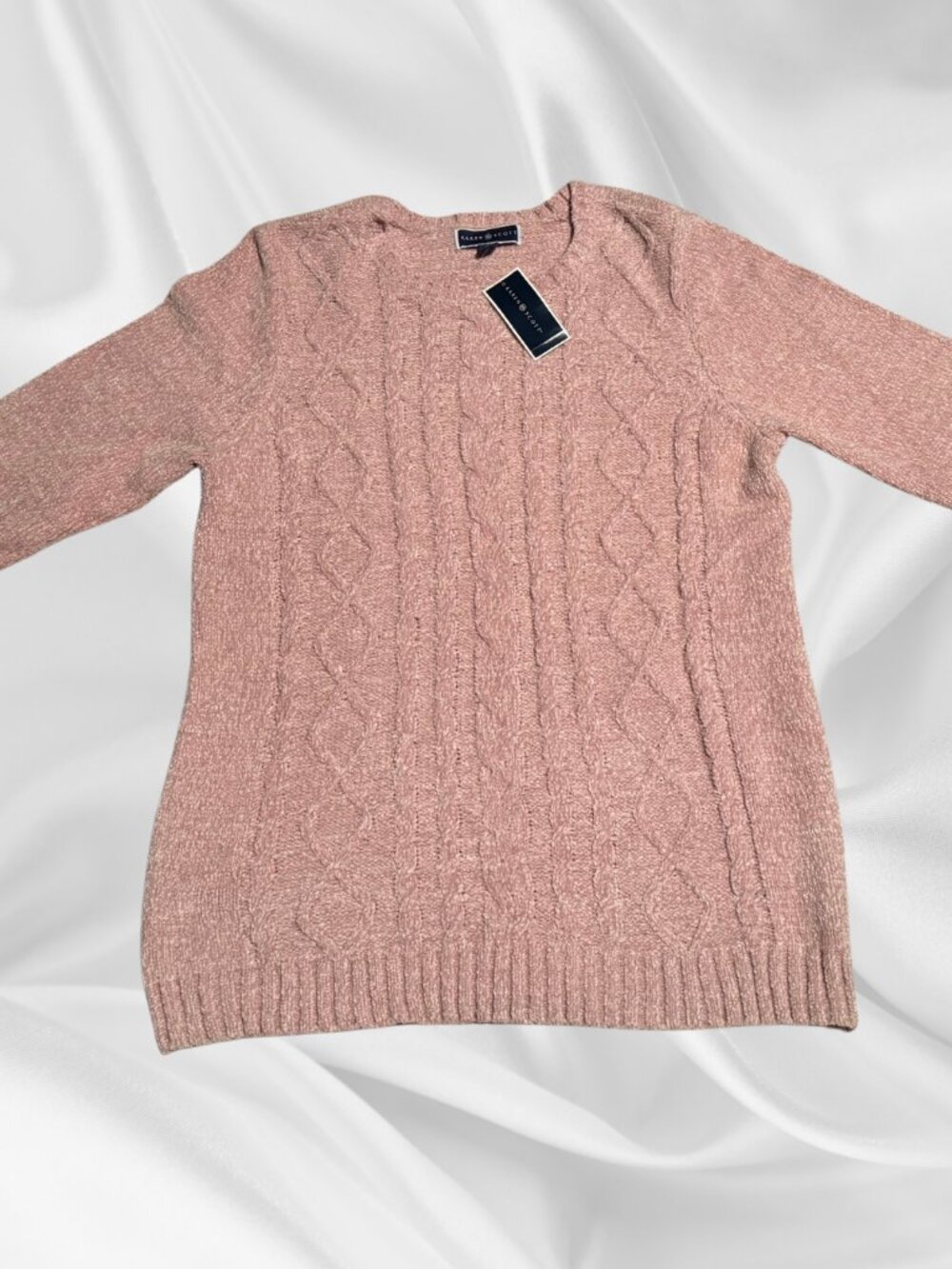 Karen Scott Pink Chenille Cable Knit Sweater Crew‎ Neck